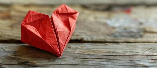 Aufkleber - Origami heart made of red paper on wooden backdrop with copy space image.