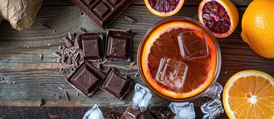 Aufkleber - Top-down view of a cold tequila-based citrus cocktail with blood orange juice and ginger beer, served on a rustic wooden surface, accompanied by ice, lemon slices, and chocolate treats. Available