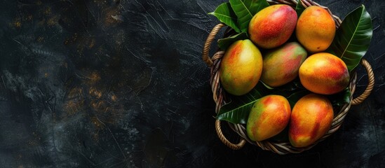 Wall Mural - Basket with ripe mangoes, a green leaf, and dark floor in copy space image.