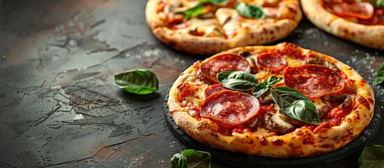 Poster - Delicious Italian pizzas with a variety of traditional meats like salami, on a hot background with copy space image.