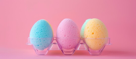 Poster - Makeup sponges in a plastic egg holder on a colored background with copy space image.