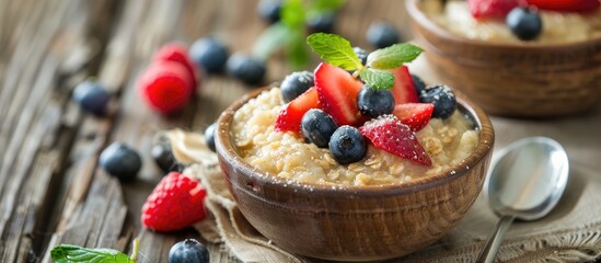 Aufkleber - Porridge with fruit on a rustic wooden background, ideal for a copy space image.