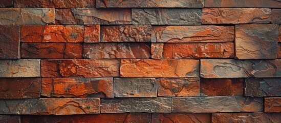 Aufkleber - A stunning horizontal pattern of orange or red brick wall serves as a beautiful backdrop with a close-up of a red stone block in a home setting, creating an ideal copy space image.