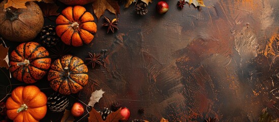 Wall Mural - Thanksgiving-themed setup with pumpkins, leaves, and decorations on a textured table. Offers a close-up view from the top, ideal for text placement, with plenty of visible copy space image.