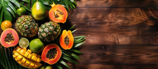 Poster - Fresh tropical fruits displayed on a wooden table backdrop with room for text, arranged in a flat lay composition. Copy space image. Place for adding text and design