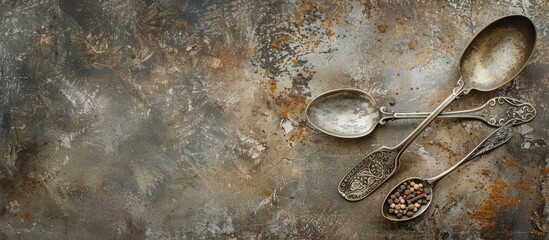 Poster - Toned background featuring ancient melchior spoons with spices on metal surface for a copy space image.