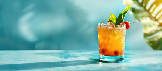 Aufkleber - A refreshing mai tai cocktail displayed on a blue background with ample copy space image.
