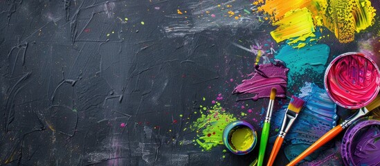 Aufkleber - Chalkboard backdrop with colorful paint and paintbrush featuring copy space image.