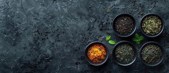 Aufkleber - Four bowls showcasing a variety of tea types, including black and green, set against a textured black stone backdrop with copy space image available.