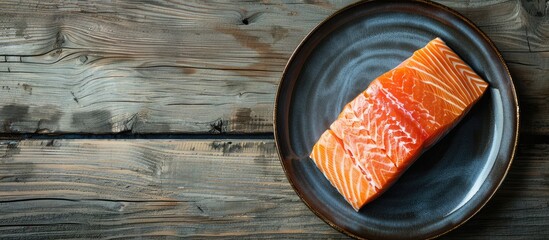 Poster - Top view of a cooked salmon fillet on a plate against a wooden background with copy space image.
