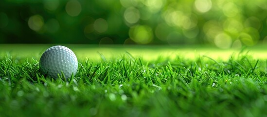 Poster - Golf ball placed on lush green grass with space for text against a golf course backdrop in a copy space image