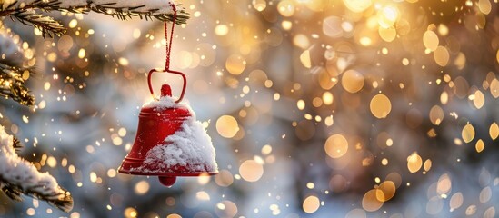 Poster - A red Christmas bell is dangling from a snowy tree branch amidst a festive backdrop of white snow, golden bokeh lights, and ample copy space for a New Year greeting or holiday card.