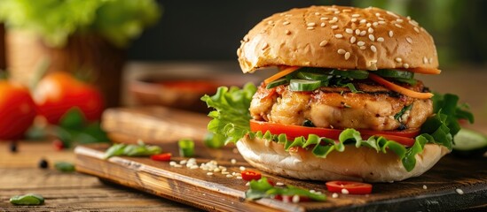 Poster - Japanese fusion cuisine with a chicken rice burger, displayed on a copy space image.