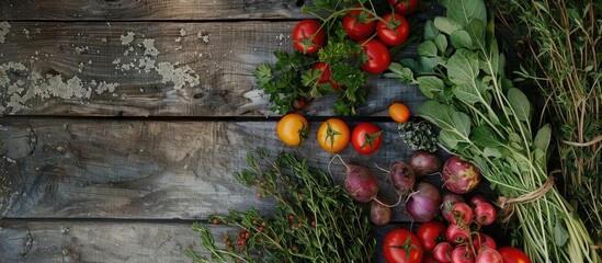 Poster - A top-down view of freshly harvested vegetables and herbs from a local farm displayed on a rustic wooden table, with room in the image for additional content.