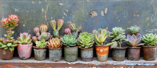 Poster - Cactus and succulent plants displayed in tiny cups for a home garden setting with room for a copy space image.
