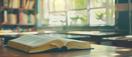 Poster - Desk of a college student displaying an open book with blank copy space image.