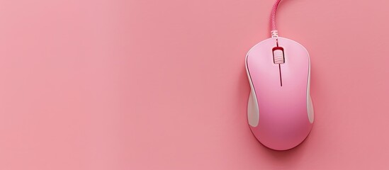 Poster - Top view of a wired computer mouse on a pink background with copy space image available.