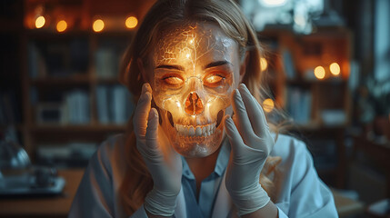 Medical doctor in gloves and a white coat holding a glowing wooden cranium model highlighting the frontal parietal and occipital bones showing it to the camera