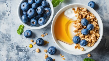 Poster - A bowl of yogurt and blueberries is on a table