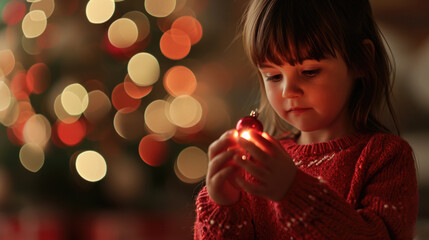 Wall Mural - A young girl is holding a red ornament in her hand. The image has a festive and joyful mood, as it is likely that the girl is preparing for a Christmas celebration