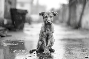 Wall Mural - A small dog is sitting on a wet sidewalk. The dog appears to be dirty and wet from the rain