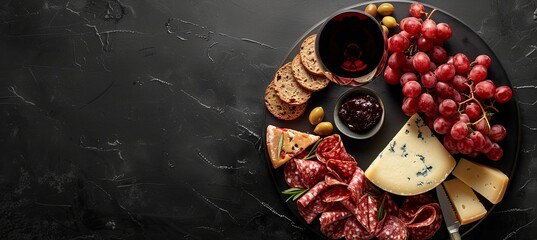 Wall Mural - Gourmet Cheese and Charcuterie Board with Red Wine on Black Background