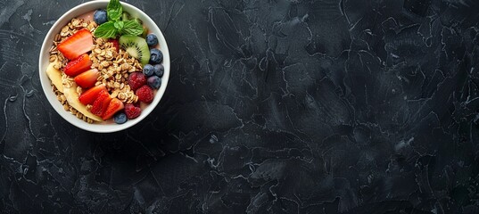 Sticker - Healthy Acai Bowl with Granola and Fresh Fruit on Black Background