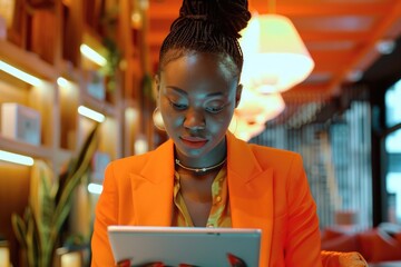 Wall Mural - A woman in an orange jacket is looking at a tablet. She is wearing a necklace and earrings