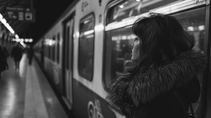 A woman wearing a fur coat stands on a subway platform. She looks at the train as it pulls into the station