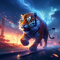 Tiger running with lightning background