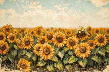 Wall Mural - Close up on pale sunflower field painting backgrounds plant.