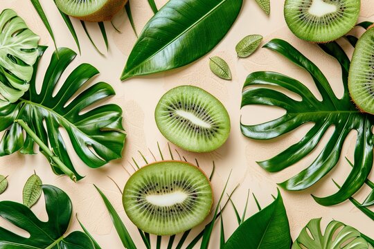 kiwi and tropical leaves on sand-colored background: a vibrant display
