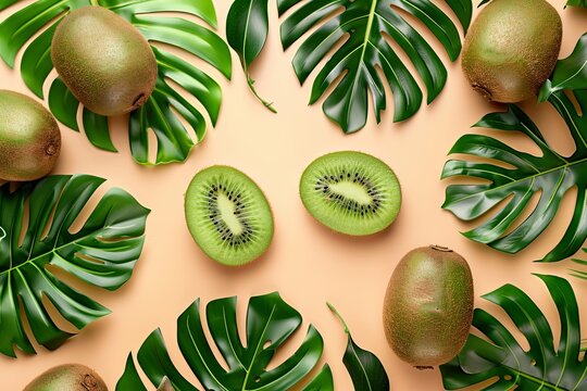 Kiwi and Tropical Leaves on Sand-Colored Background: A vibrant display