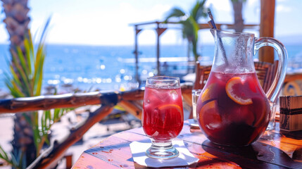 Wall Mural - Refreshing summer berry sangria with apples, oranges and berries in a glass and jar on summer beach background