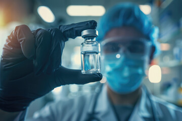 Wall Mural - A man wearing a blue lab coat is holding a vial of liquid