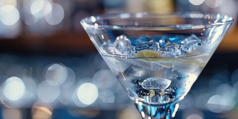Wall Mural - A clear glass martini glass filled with ice and a wedge of lemon. The glass is sitting on a bar counter