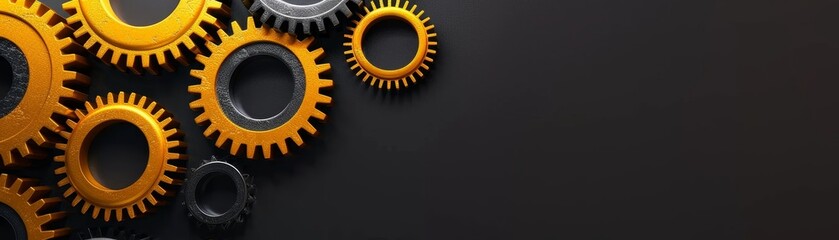 Wall Mural - golden and black gear mechanism on black background with copy space.