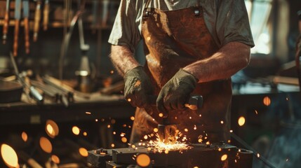 Poster - A man in a leather apron is working with a hammer and anvil