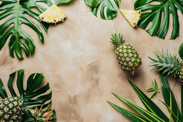 Wall Mural - Top view of a pineapple and tropical leaves on a sand-colored background.