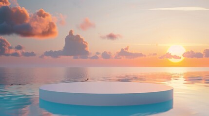 Wall Mural - minimalist white platform floating on calm ocean water at sunset.