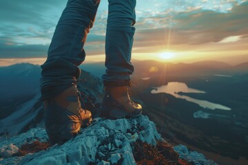 Wall Mural - A person is standing on a mountain top with their legs crossed and looking out at the beautiful sunset