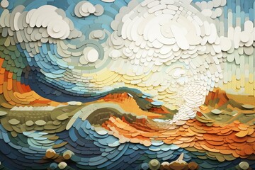 Abstract Digital Art of Stone Block Piece Mosaic Tile. Colorful Ocean Wave in a Vibrant Landscape
