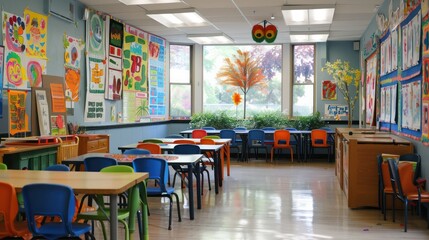 Poster - A brightly colored classroom with a lot of chairs and tables. The chairs are all different colors and the tables are also colorful. There are many posters on the walls. The room is very inviting