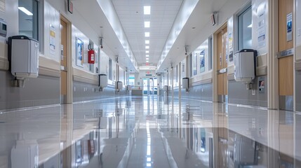 Poster - A long hallway with a lot of doors and a lot of white walls. The hallway is empty and the floors are shiny
