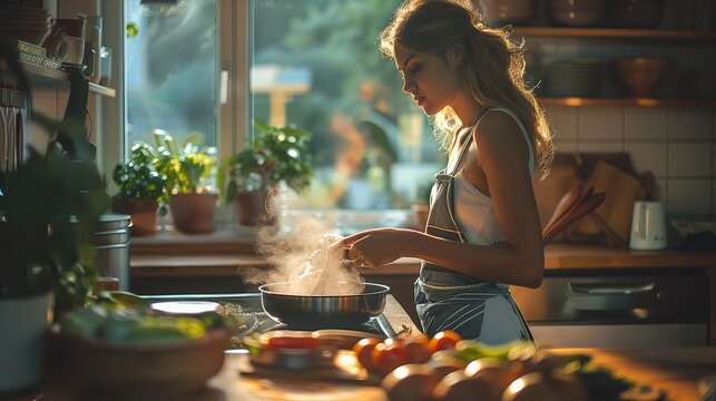 Woman cooking warm tone, there wood countertop foreground. Generative AI.