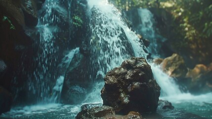 Poster - A waterfall with a rock in the middle of it. The water is clear and the rock is brown