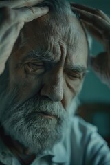 Wall Mural - A man with a white shirt and gray hair is looking down and rubbing his head. He is in a state of deep thought or contemplation