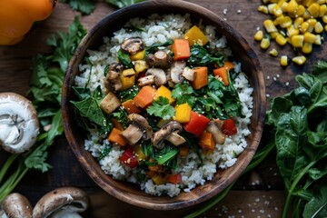 Wall Mural - Fresh vegetable rice bowl with mushrooms, peppers, and herbs