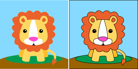 Cute lion cartoon drawing for kids with black outline and without outline