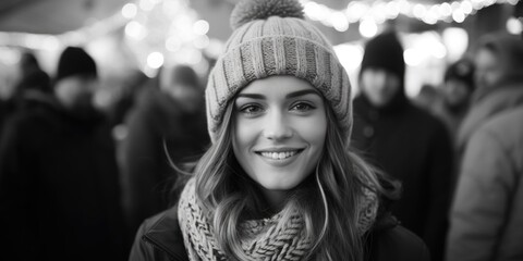 Canvas Print - A woman wearing a hat and scarf is smiling at the camera. She is surrounded by other people, some of whom are also wearing hats and scarves. The scene appears to be a winter gathering or event